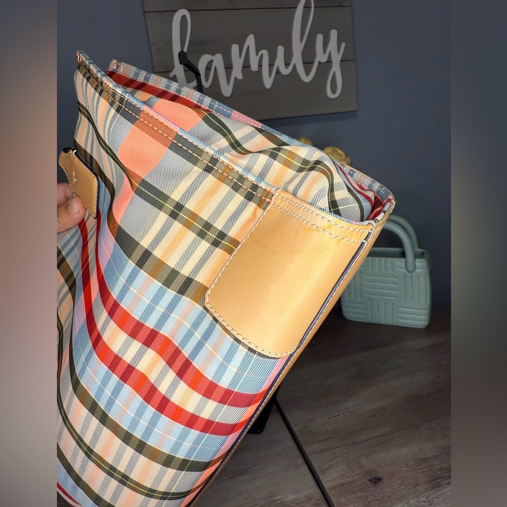 Tory Burch Plaid Tote Bag in Multicolor with Tan Leather Trim - Picture 9 of 16